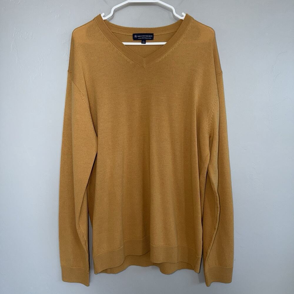 Hart Schaffner Marx Mens Merino Wool Pullover V-Neck Sweater S L Mustard Yellow